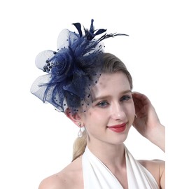 fghuim Women's Organza Church British Bridal Tea Party Wedding Hat Feather Hair Clip Fascinators Hat (Navy Blue)
