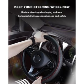 Leather Steering Wheel Cover Universal Non-Slip Breathable Elasticity 3D Embossing Microfibre Car Steering Wheel Cover Protective Steering Wheel Cover 37-38 cm Black Red
