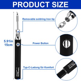 Cordless Soldering Iron Kit, 8W USB Rechargeable, 3 Temperature Modes, with 3 Tips, Stand, Wire, Portable for Electronics Repairs, Jewelry Making, DIY Projects (Black, Small)