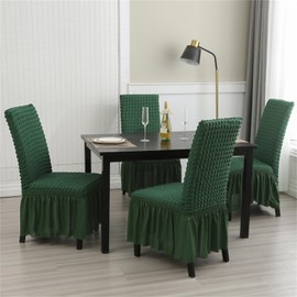 Rakila Stretch Washable Chair Covers for Dining Room Set of 4 Removable Chair Covers with Skirt Kitchen Chair Protector Cover (Dark Green, 4 Pack)