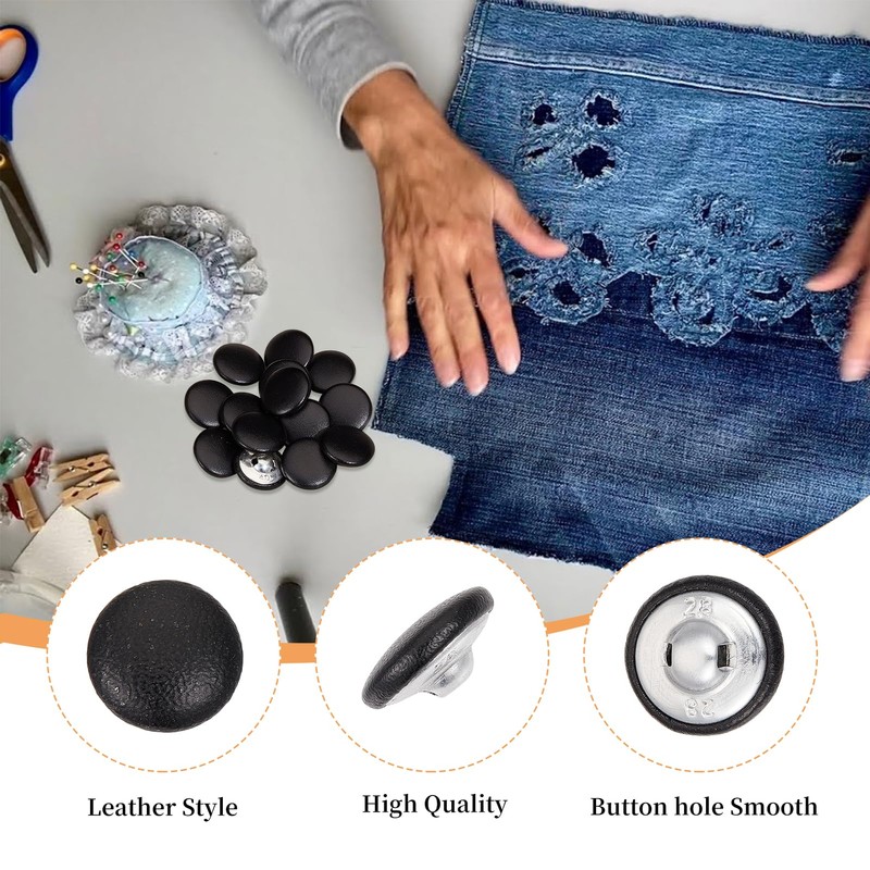 letsinstyle 20 PCS 18mm Faux Leather Covered Buttons, Black Round