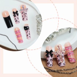 BABALAL Square Press on Nails Long Fake Nails Black French Tip Glue on Nails Pink Cheetah Y2k Acrylic Nails Luxury Cross Bow Charm Y2k Stick on Nails Handmade Bling Squoval Manicure Artificial Nails