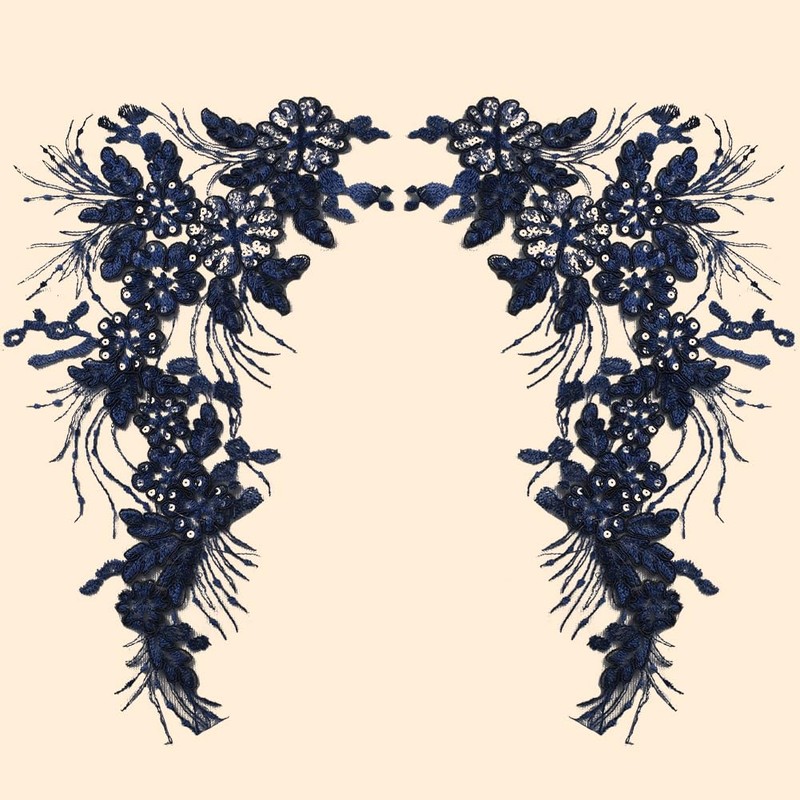 GORGECRAFT 2Pcs Blue Sequin Floral Lace Applique 40 x 23cm