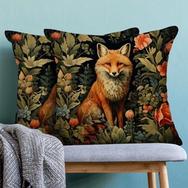 Sorktse Floral Pillow Covers 18x18 Inch Vintage Fox Throw Pillow Covers Set of 2 Farmhouse Forest Plants Pillow Cases Outdoor Decor for Living Room Bedroom Linen Square Cushion（Black）
