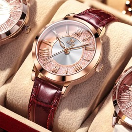 OLEVS Women's Watch, Popular, Cute, Rose Gold, Fashion, Diamond, Quicksand, Waterproof, Luminous Gift, Ladies Watch, red - 5539, Fashion