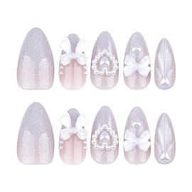 24 Pcs Spring Press on Nails Short Almond,YIHONGYAN 3D Pearl Heart Shaped Bow Fake Nails Press ons Purple Cat Eye French Nail Tip Acrylic Kit Glue on Nails Full Cover False Nails Stick on Nails Woman