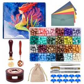 iTERYOU Wax Seal Stamp Kit with Gift Box, 24 Colors and 624 Pcs Wax Seal Kit with Wax Metallic Pens, Tweezers,10PCS Candles and 5 PCS Envelopes for Gift and Craft-Little Mermaid