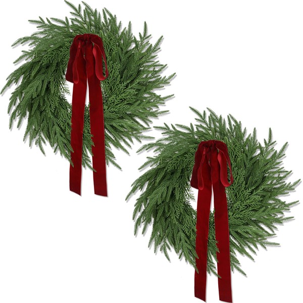2 Pack Christmas Wreath for Front Door, Artificial Pine Cedar
