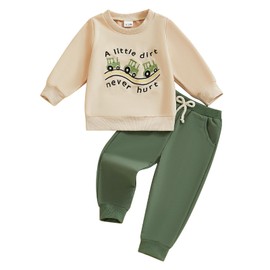 QUNERY Baby Boy Clothes Letter Truck Print Crewneck Long Sleeve Pullover Tops Casual Pants Outfit Sets Off-white 3-4 years