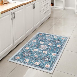 Mcadore 2x3 Area Rugs Washable Boho Rug, Non Slip Carpet for Living Room, Bedroom, Kitchen, Soft Low-Pile Rug, Indigo/Floral…