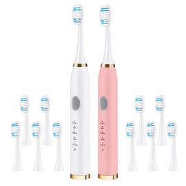 VANTREEGAO Electric Toothbrush 2 Pack, Travel Electric Toothbrush for Adult Includes 10 Replacement Brush Heads, 5 Modes, 2 Hours Charge for 60 Days (White & Pink, 2 Pack)