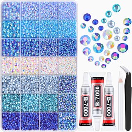 20000Pcs Blue Rhinestones for Bedazzling with B7000 Jewelry Glue, Resin Rhinestones for Crafting Crafts DIY, Bedazzler Kit Gems for Clothing Shoes Tumblers Fabric Nail Art Assorted Size 3/4/5/6mm