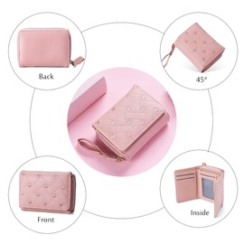 Gosyfeti Cute Floral Trifold Women Wallet, Coin Change Short Purse Card Holder with ID Window, Zipper Pocket for Female Ladies Girls Students (Pink)