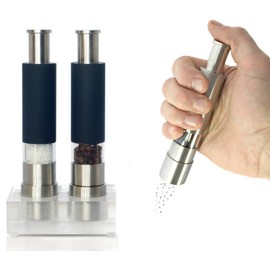 Grind Gourmet Salt and Pepper Grinder Set, Refillable, Pump & Grind, Thumb Press (Reflex Black Set)