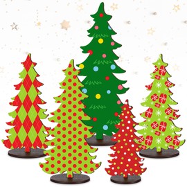 Roowest 5 Pcs Wooden Christmas Tree Rustic Green Red Table Top Tiered Tray Decor Decorative Balsam Christmas Centerpiece Ornament for Small Pine Trees Xmas Holiday Decor