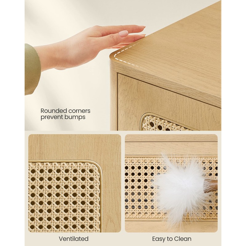 VASAGLE Rattan Nightstand, Boho Bedside Table with Drawer, Cane End