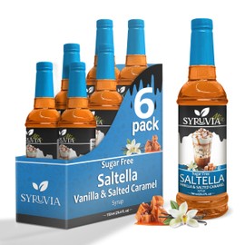 Syruvia Sugar Free SALTELLA Coffee Syrup Vanilla Salted Caramel 6-Pack, 25.4 fl oz, Wholesale Coffee Syrup Shops, Cafes, Baristas, Bistros, & Beverage Bars, Bulk Kosher & Gluten-Free