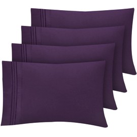 4 Pack Soft Microfiber Pillowcases with Embroidery - Envelope Closure, Breathable, Wrinkle, Shrinkage and Fade Resistant Pillow Cases, Easy Care and Wash (Purple, Standard (20" x 26"))