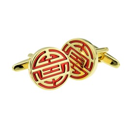 Gold & Red Chinese Longevity Symbol Cufflinks Presented in a Cufflink Box