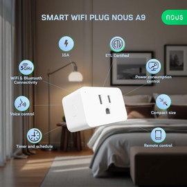 NOUS Wi-Fi Smart Plug 15A, Dual-Band 2.4GHz & 5GHz, Energy Monitoring, Compatible with Alexa, Google Home, Tuya Smart App, Remote Control, Timer, Compact Design, Smart Outlet, 1 Pack
