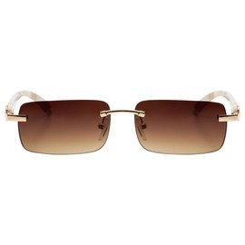 Elite Slim Rimless Rectangular Metal & Wood Art Aviator Sunglasses (Brown Marble)