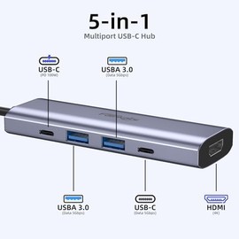 Adaptador multipuerto USB C a HDMI, Adaptador 4K HDMI a USB C, Entrega de energía 100W, 2 Puertos USB 3.0, Puerto USB 3.1 GEN1 Tipo C, Adaptador