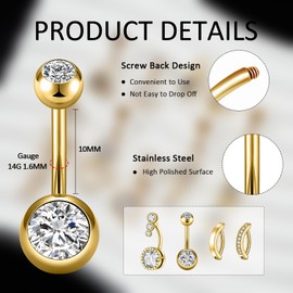 Zernblend 9 Piece 14G 1.6 mm Stainless Steel Dangle Belly Rings, Belly Button Piercing, Gold Navel Piercing