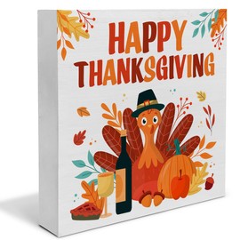 Happy Thanksgiving Sign, Pumpkin Turkey Decorations for Table, Thanks Fall Thanksgiving Wooden Square Home Kitchen Decor 5 x 5 Inches