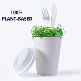 KTOB [50 pack] 12 oz Compostable Coffee Cups with Lids and Kraft Sleeves, Eco Friendly Disposable White Paper Cups Combo for Hot Beverage