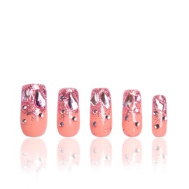 LOVFUL Press on Nails Pink Glitter| Handmade with Full Covered Crystals | Reusable Fake Nails | Square Regular 1.0 in | H60L