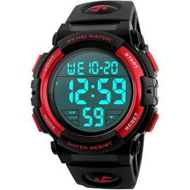 Men's Digital Sport Watch Waterproof Led Electronic Military Wrist Watch with Alarm Stopwatch Calendar Date Window (Red)