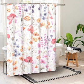 QiyI - Cortina de ducha floral de acuarela, cortina de baño de flores rosadas, decoración del hogar, lavable a máquina, cortina de baño de tela roja y morada, impermeable, con ganchos, 72 x 78