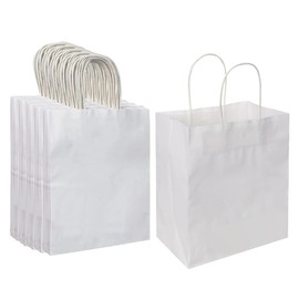 Oikss 100 Pack 8x4.75x10 Inch Medium White Kraft Paper Bags with Handles Bulk for Birthday Wedding Party Favors Grocery Retail Shopping Business Takeout Goody Craft Gift Bags Sacks, (100pcs Count)
