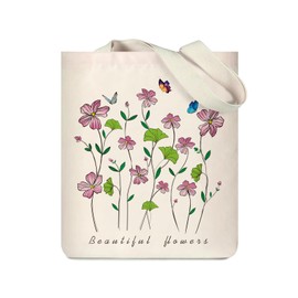 WIERAEM Canvas Tote Bag for Women, with Zip and Pockets of Shoulder Tote Bag Aesthetic，Cute Cotton Book Totes Bag，Ideal for School Work Shopping Reusable（Flower