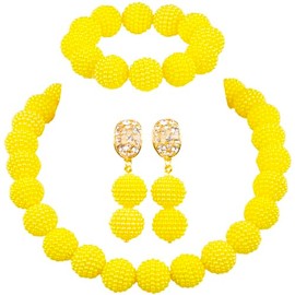 aczuv Nigerian Wedding African Beads Jewelry Set Women Simulated Pearl Necklace and Earrings (Light Yellow)
