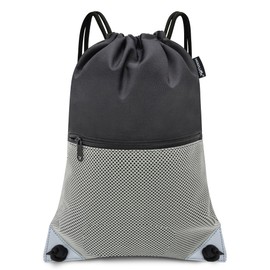 HOLYLUCK Drawstring Backpack Gym Sports Bag with Front mesh zipper Pocket 18.6" L x 13.5" W Cinch Sack String Sackpack For Men Women (black and grey)