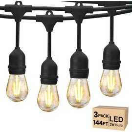 Svater 144 FT Outdoor String Lights 2W, Patio Light for Outside with 48 Antique S14 Plastic LED Bulbs, IP65 Waterproof Hanging Cafe Market Lighting, ETL-Listed Dimmable Warm White (48 FT x 3)