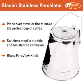 GSI Outdoors Glacier Stainless Steel Percolator Coffee Pot | Ultra-Rugged for Brewing Coffee Over Stove and Fire | Ideal for Group Camping, Polished Stainless, 8 Cup (65008)