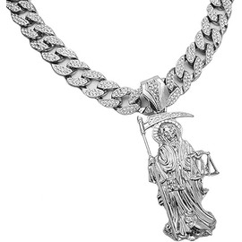 BLINGFACTORY Hip Hop White Gold PT SAINT DEATH SANTA MUERTE Pendant & 16" 18" 20" Iced Cuban Choker Chain Necklace (Pendant only)