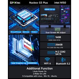 GMKtec Mini PC Intel N150 (Up to 3.60GHz) Intel i226-V 2.5Gbps RJ45 Desktop Computers 16GB DDR4 256GB PCIe M.2 NVMe SSD 4K Dual HDMI/USB3.2/WiFi 6 BT5.2 for Office, Business Nucbox G3 Plus