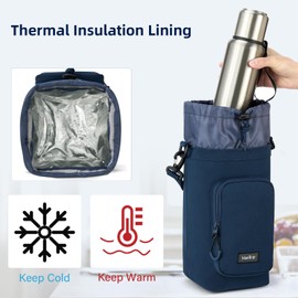 HanTrip Insulated Water Bottle Carrier Bag with Strap Phone Pocket for 25/32/40/64/128 oz Tumbler Cup, Water Bottle Holder Crossbody Shoulder Sling Bag for Walking Hiking Gym Travel (Navy Blue)