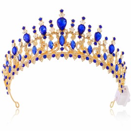 Brishow Light Up Queen Rhinestones Headband Gold Crystal Princess Shiny Headpiece for Women (Blue)