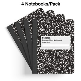 Staples Composition Notebook, 7.5" x 9.75", College Ruled, 100 Sheets, Black/White Marble, 4/Pack