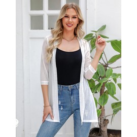 iClosam Womens Sheer Cardigan Casual 3/4 Sleeve Lightweight Cardigan Loose Open Front Beach Summer Cover Up Tops Pure White