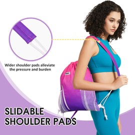 WANDF Drawstring Backpack with Shoulder Pad Sports Gym Backpack with Mesh Pocket String Bag for Women Men (Rose Red)