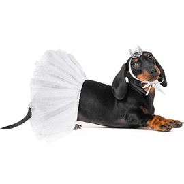 2 Pcs Dog Crown Headband Dog Tutu Dress Set Crystal Rhinestone Tiara Crown Tutu Skirt Pet Dress Costume for Puppy Birthday Party Wedding Photo Prop Costume(Small,White)