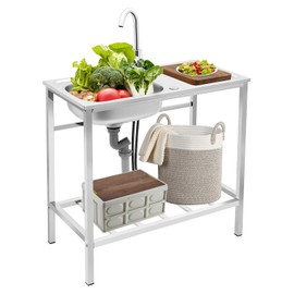 Stainless Steel Outdoor Sink with Hose Hook Up, Freestanding Single Bowl Utility Sinks with Hot & Cold Faucet, Outdoor Sink Station with Storage Shelf for Backyard, Restaurant, Kitchen