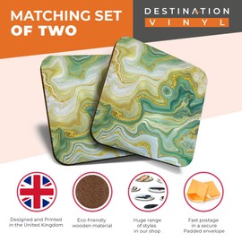 Great Coasters (Set of 2) Square/Glossy Quality Coasters/Tabletop Protection for Any Table Type - Green Jade Agate Marble Effect #21516