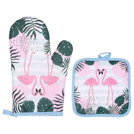 Oven Gloves and Pot Holders Set of 2 Potholders and Oven Mitts Heat Resistant Oven Gloves Kitchen Hot Pads Baking Gloves Set Kitchen Accessories for Cooking Barbecuing BBQ (Flamingo)