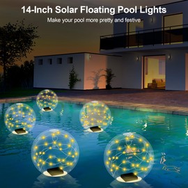 LUBITTE Floating Solar Pool Lights, 14-Inch Fairy Inflatable Light-Up Glow Balls with 3000K Warm White LED, IP68 Waterproof, Ideal for Pool Parties, Summer Decor and Nighttime Ambiance, 4 Pack